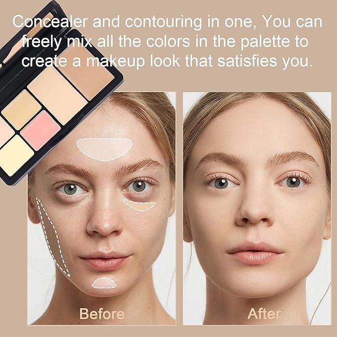 6 Colors Correcting Concealer Palette, Makeup Cream Contour Palette with Brush, Contouring Foundation Highlighting Concealer Palette for Conceals Dark Circles, Redness, Acne, Blemish(B)