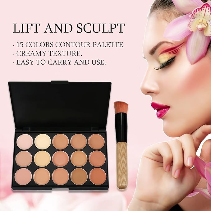 Vtrem 15 Colors Contour Palette Kit Camouflage Concealer Palette Christmas Gifts Eyeshadow Face Cream Makeup Foundation Kit Combination with Powder Brush for Professional and Daily Use