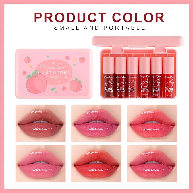 Eakroo 6 Colors Peach Lip Tint Stain Set, Korean Lip Gloss Mini Liquid Lipstick Set, Multi-Use Lip and Cheek Tint, Long Lasting, Waterproof, High Pigment, Vivid Color