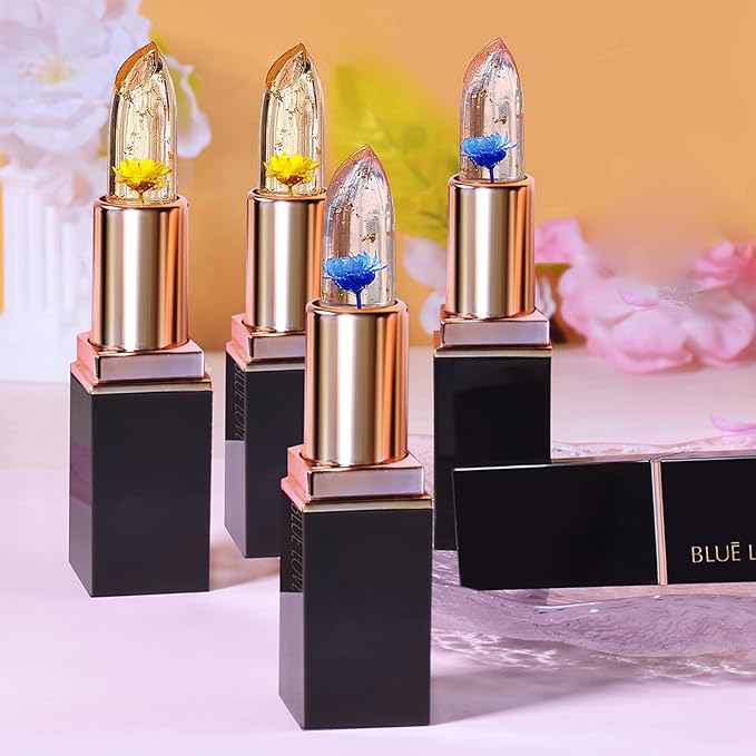 BLUE LOVE 2PCS Color Changing Flower Lipstick - Hydrating Jelly Lip Balm with Flower, Long-Lasting Moisturizer & Nourishing Lip Gloss (Gold&Pink)