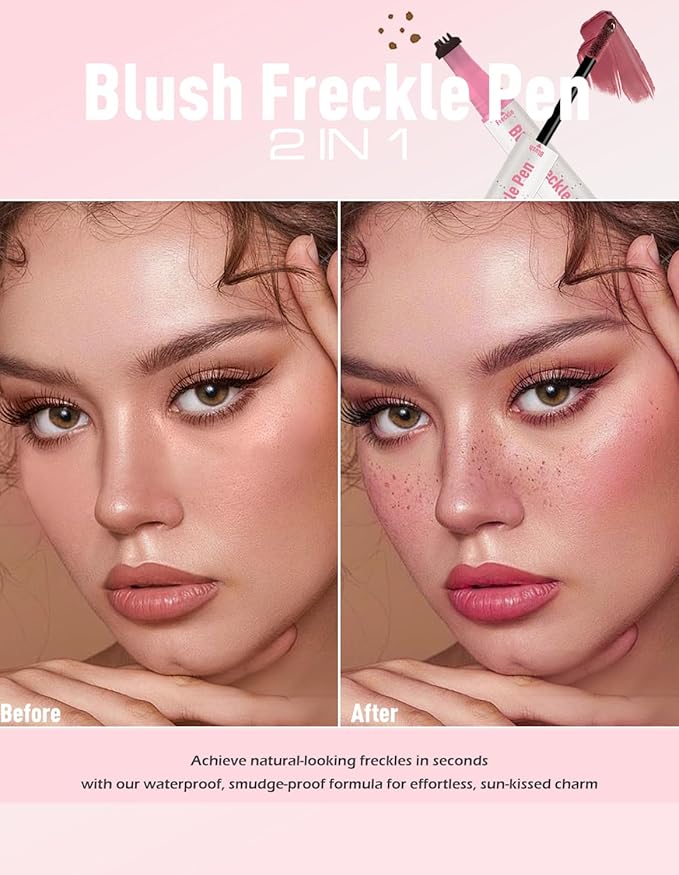 Freckle Pen Blush 2 in 1 Natural Lifelike Light Brown Freckle Stamp Pink Liquid Blush for Cheeks Quick Dry Fake Freckles Long Lasting Faux Freckles Tattoo Marker Waterproof for Sunkissed Makeup