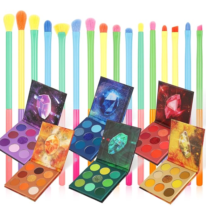 Docolor 16Pcs Colorful Eye Makeup Brushes Set + 54 Colors Gemstone Eeyshadow Palette Pigmented Matte Shimmer Metallic Blendable Soft Cream Powder Makeup Eye Shadow Palettes