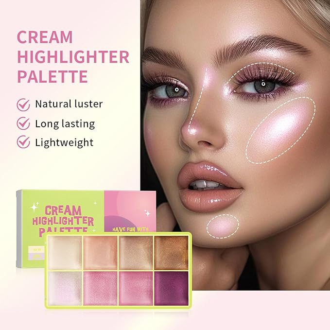 8 Colors Multi-use Cream Contour Highlighter Palette Makeup,Concealer Palette for Cheek Eye Nose Face Body,Cheek Lip Tint,Lightweight Soft Buildable Blendable Natural Look