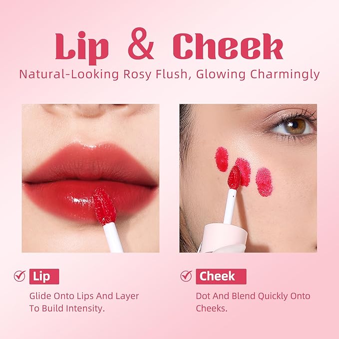 Liquid Cheek & Lip Stain, Korean Lip Tint with Moisturizing & Weightless, Non-Sticky, Long-Lasting, Kiss-proof, All Long-wearing, Vegan Makeup (Tomatoes Red)