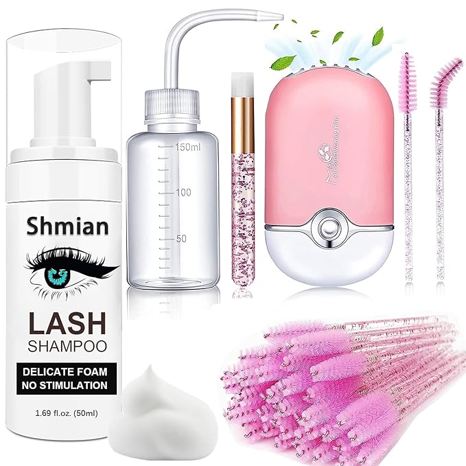 Lash Shampoo for Lash Extensions, 50ml Eyelash Foam Cleanser and 50 Pcs Eyelash Brush and Rinse Bottle Mini Fan Oil Free/Sulfate Free Eyelash Wash Remover For Eyelash Extension Makeup Removel
