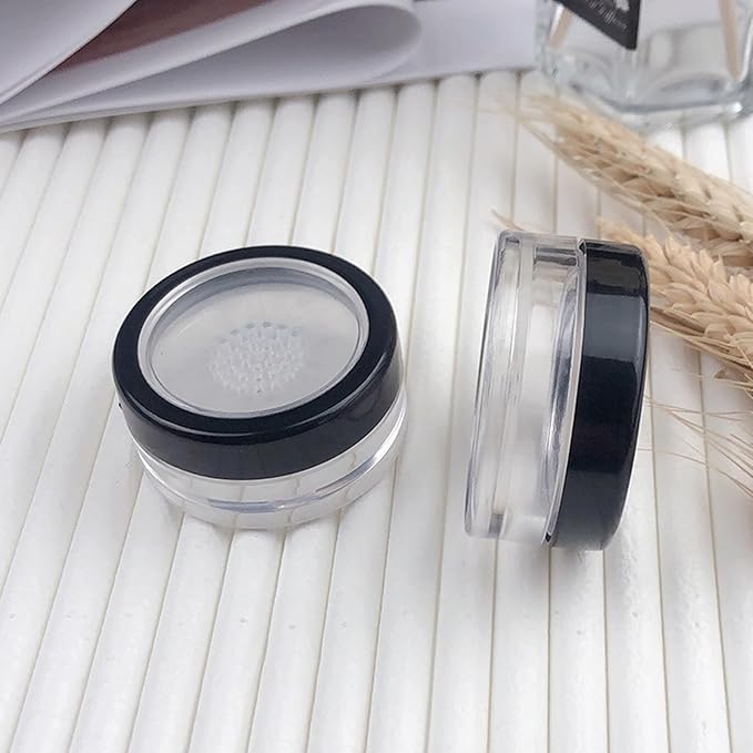 6 Pcs 10g 10ml Plastic Empty Travel Powder Container Loose Powder Compact Case Clear Makeup Jar Cosmetic Cream Face Powder Blusher Foundation Container Pots With Sifter and Black Rimmed Lid