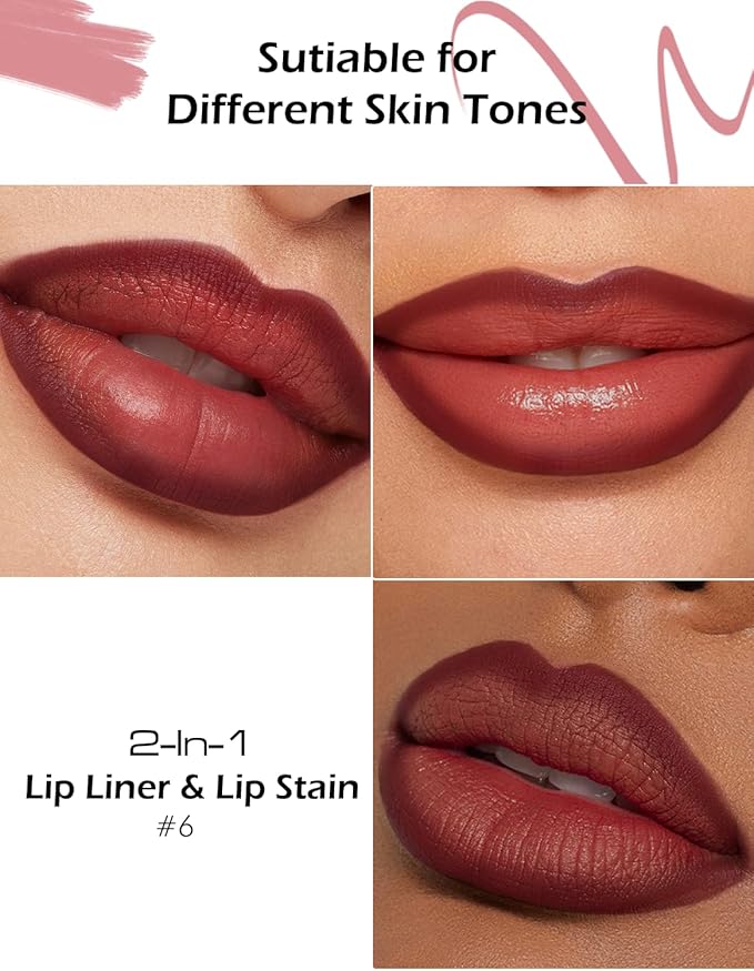 Double-headed Lip Liner Stain Long Lasting Waterproof 2 Colors Liquid Lip Liner Pencil Marker High Pigmented Smooth Application Precise Pen-Like & Chisel Tip Hydrating Lipstick for Women, 06
