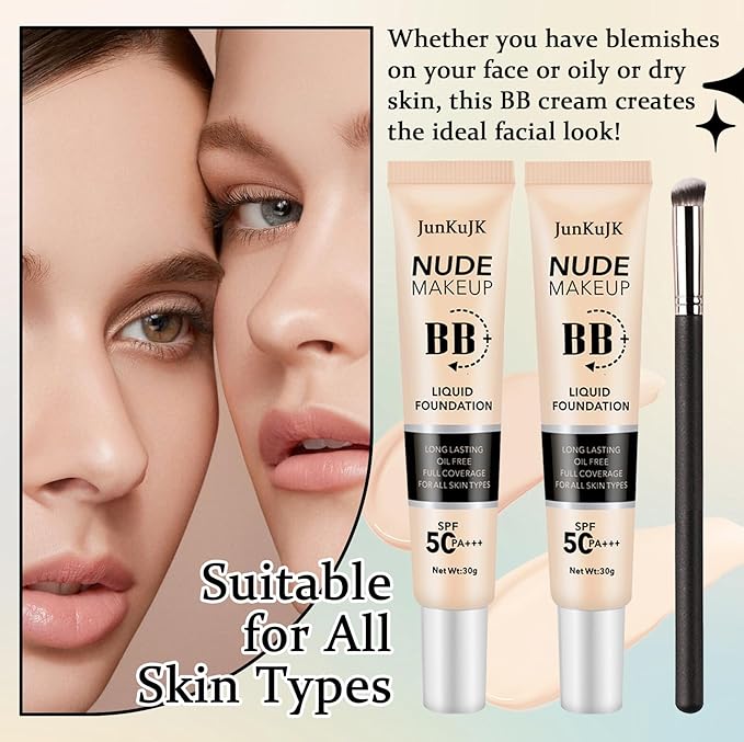 2PCS Hydrating BB Cream,Full Coverage Concealer Liquid Foundation for All Skin Types,Face Sunscreen SPF 50 PA++++ Long Lasting Moisturizing Oil Control Foundation Makeup Brush Set(Ivory & Natural)