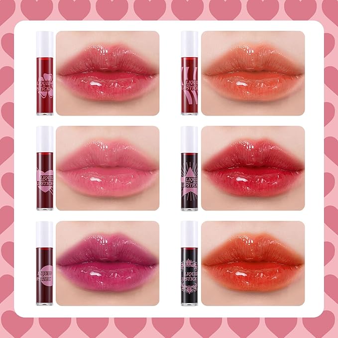 6 Colors Roll on Lip Tint Stain Set, Watery Vivid Color Waterproof Long Lasting Lip Gloss, Non-Stick Cup High Pigment Korean Liquid Lipstick Set, Multi-Use Lip and Cheek Tint Makeup
