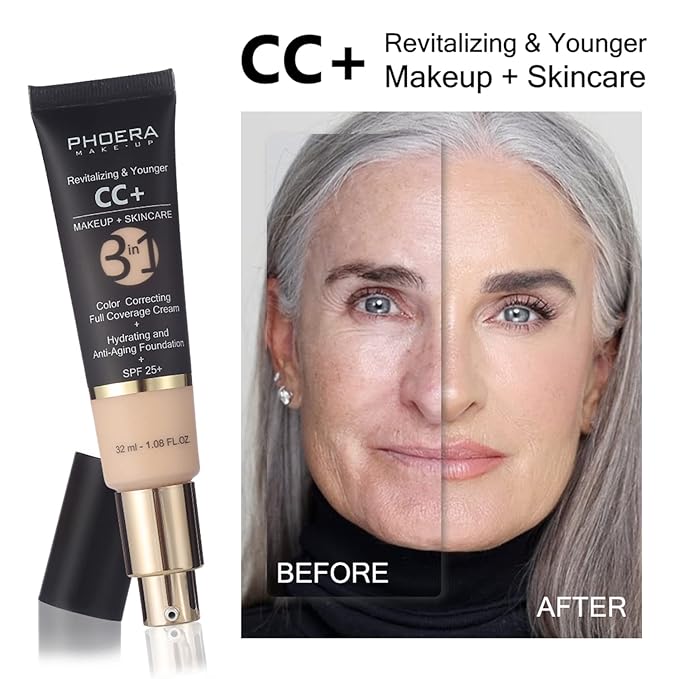 PHOERA CC Cream Foundation With SPF,PHOERA Full Coverage Foundation Color Correcting Cream,3 Pcs Cream Contour Stick Makeup Kit, Shades with Highlighter Stick, Blush Stick and Bronzer Contour Stick