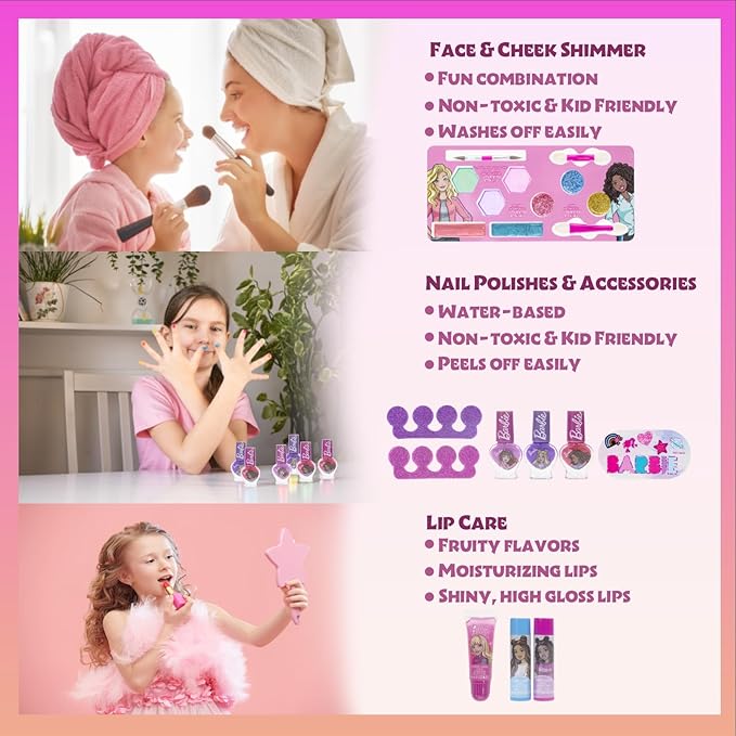Barbie Movie Kids Makeup Kit for Girls, Real Washable Toy Makeup Set, Barbie Gift, Play Makeup and Pretend Play Toys Ages 3 4 5 6 7 8 9 10 11 12, by Townley Girl