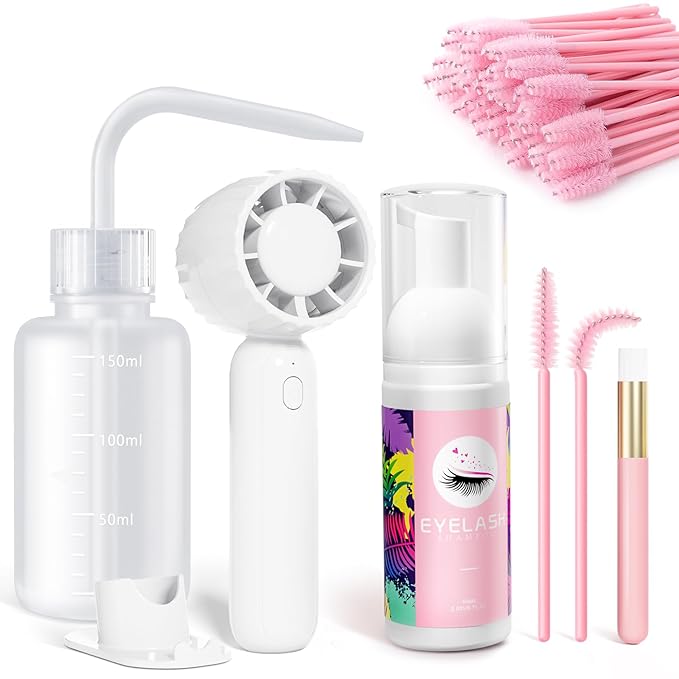 Buqikma Lash Shampoo Kit - Eyelash Extension Cleanser for Extensions 60ML with Rechargeable Handheld Lash Fan Dryer Mascara Brush Rinse Bottle Makeup Cleansing Foam for Lash Care