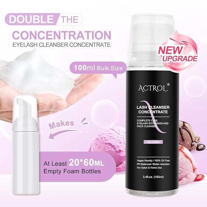 Eyelash Cleanser Concentrate 100ml Ice Cream Professional Lash Shampoo Foaming Cleanser DIY Paraben & Sulfate Free Non-lrritating Wash for Extensions Lashes with Salon Care-Makes 20 Bottles