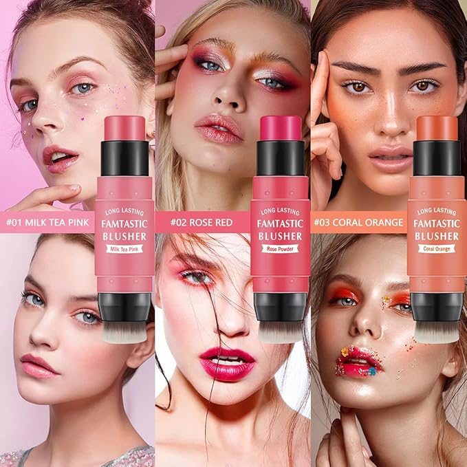 Cream Blush Stick for Cheeks - 2 in 1 Multi Makeup Blush with Brush for Cheeks Tint & Eyes & Lips, Waterproof Smooth Creme Texture, Long-lasting Wear All Day, #02 Rose Red