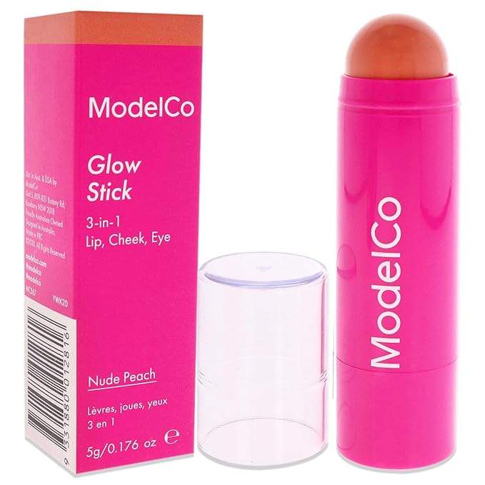 ModelCo Glow Stick 3-In-1 - Multi-Use Cream Color Stick - Hydrating Creamy Formula - Delivers Luminous Color For A Healthy Glow - Buildable Coverage From Sheer To Saturated - Nude Peach - 0.176 Oz