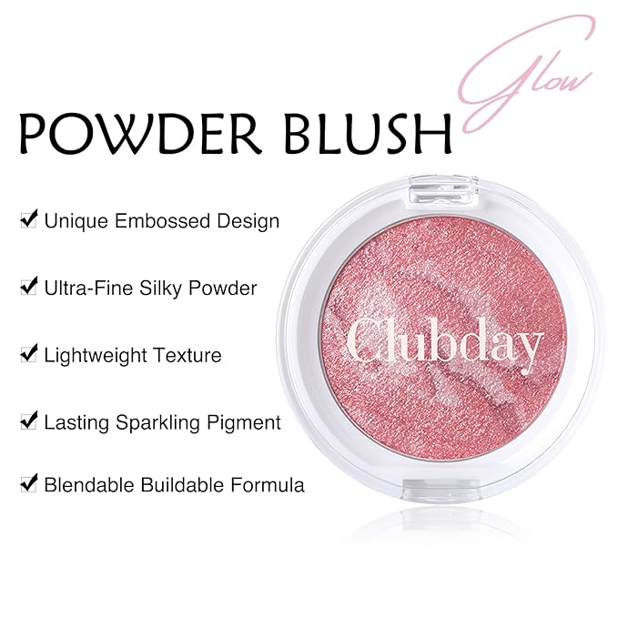 Powder Blush for Cheeks, Baked Blush Palette Highlighter Makeup, Brighten Glow Face Blusher, Shimmer Buildable Lightweight Multiuse Baked Powder for Eyeshadow Highlight rubores de maquillaje