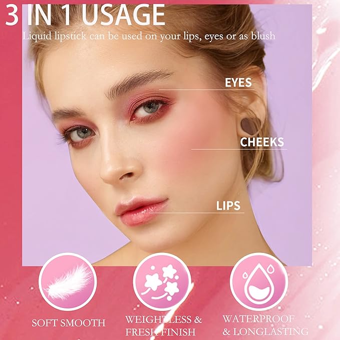 2 Colors Lip Tint Stain, Water Matte Liquid Lipstick, Korean Lip Gloss Moisturizing Natural Lip Tint, Lip and Cheek Tint,Non-Sticky Finish Lip Stain,Long-Lasting Waterproof,Vivid Color Lip Stain-01+03