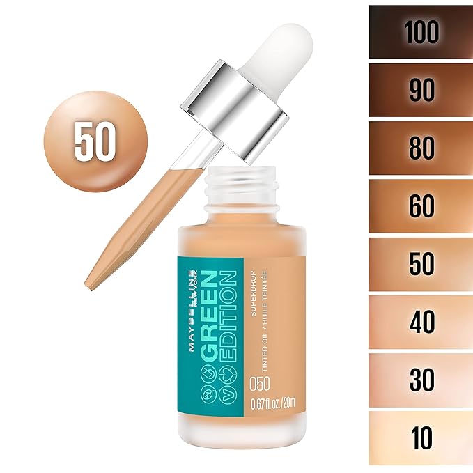 Maybelline Green Edition Superdrop Tinted Oil Base Makeup, Adjustable Natural Coverage Foundation Formulated With Jojoba & Marula Oil, 50, 1 Count
