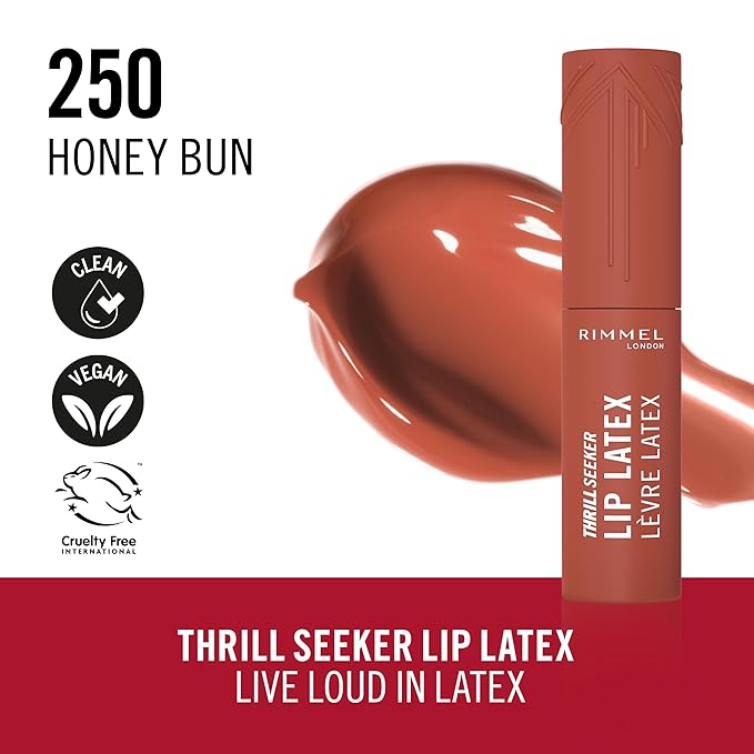 Rimmel Thrill Seeker Lip Latex, 250 Honey Bun, Liquid Lipstick, Lipgloss, Lip Colour, Hyaluronic Lipstick, Lip Stain, Smooth Shine, Hydration, Hyaluronic Acid, Vitamin E, Aloe Vera, 0.2oz