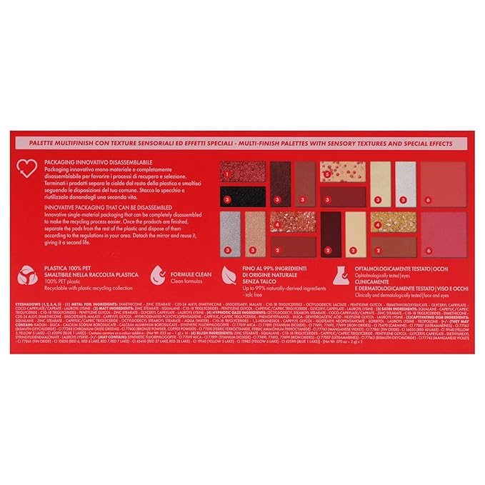 Pupa Milano Make-Up Palette L, 002 Red, 0.71 oz - 18 Pan Eyeshadow and Blush Palette, Matte, Shimmer, Metallic Finishes - Blendable Velvety Texture Blush Powder - Talc-Free - Eco-Friendly Packaging