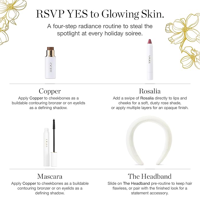Ogee Cheers to Glow Limited-Edition Set - Sculpted Face Stick in Copper, Tinted Sculpted Lip Oil in Rosalia, and Beyond Clean Volumizing Mascara