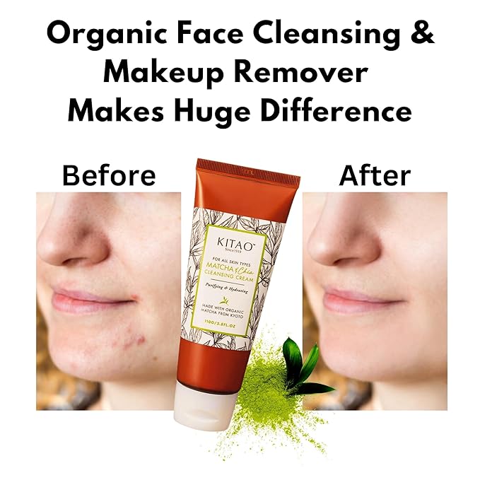 KITAO Organic Moisturizing Oil & Makeup Remover for Dry, Oily & Sensitive Skin Women & Men, Hydrating Cleansing Cream with Natural Matcha& Chia& Antioxidant for Eyes, Face, Lip from Japan, 3.8 Fl Oz