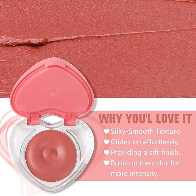 Heart-Shaped Cream Blush for Cheeks & Lips β 2-in-1 Tinted Lip and Cheek Balm Kit with Mini Brush β Blendable Dewy Blusher Makeup for Women, Portable Compact for Travel & On-the-Go Touch Ups 02