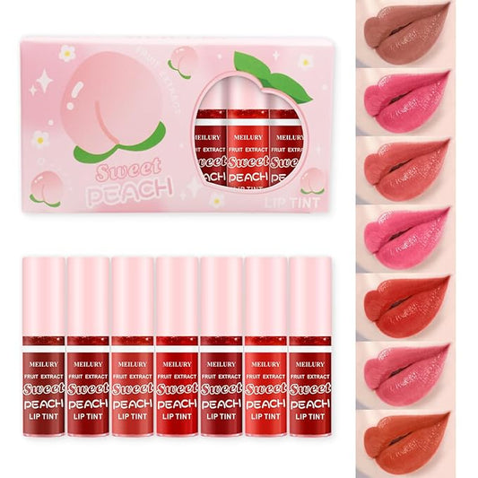 7 Colors Lip Stain Set, Watery Lip Tint Stain Mini Liquid Matte Lipstick, Multi-use Lip Cheek Tint, Moisturizing Plump Lip Gloss, Lightweight Non-Sticky, Long Lasting Vivid Lip Tint Makeup (Peach)