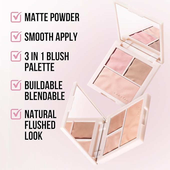 3 Colors Blush Palette For Cheek Makeup, Matte Blush Powder Blendable Face Blush, 12H Longlasting, Lightweight, Smooth Pink, Sunset Orange, 0.37Oz