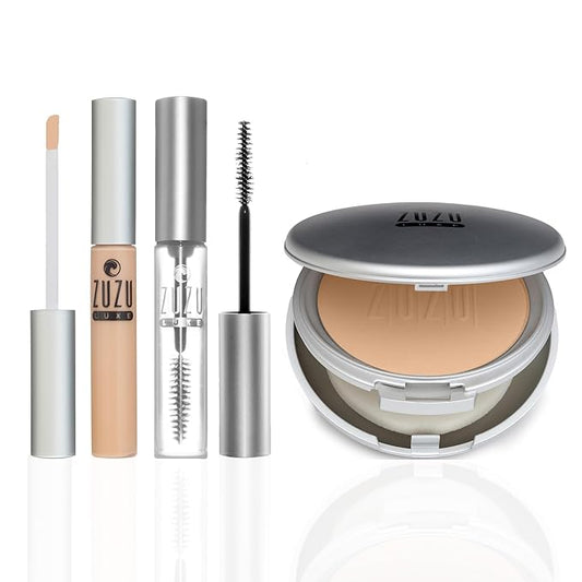 ZUZU LUXE Warrior Kit | Mineral Powder Foundation + Concealer + Luxe Mascara + Cosmetic Bag (D-7 Powder, C-7 Concealer, Clear Mascara)
