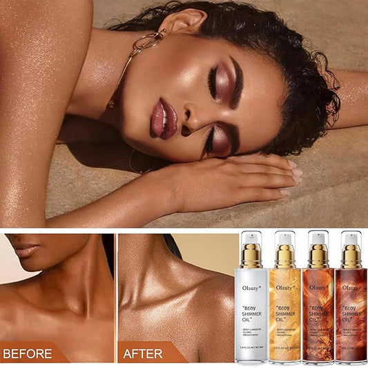 Body Shimmer Oil Gold 4 Color Face Brighten Luminizer Glow for Face & Body, Summer Glow Pearl Highlighter Liquid Illuminator Makeup With Brush (#2, 2.8 Fl Oz)