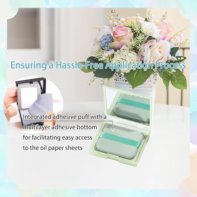 Oil Blotting Sheets for Face, 100Pcs Face Blotting Sheets for Oily Skin with Mirror & Makeup Puff, Natural Bamboo Charcoal Oil Control Film with little Storage Box (Green)
