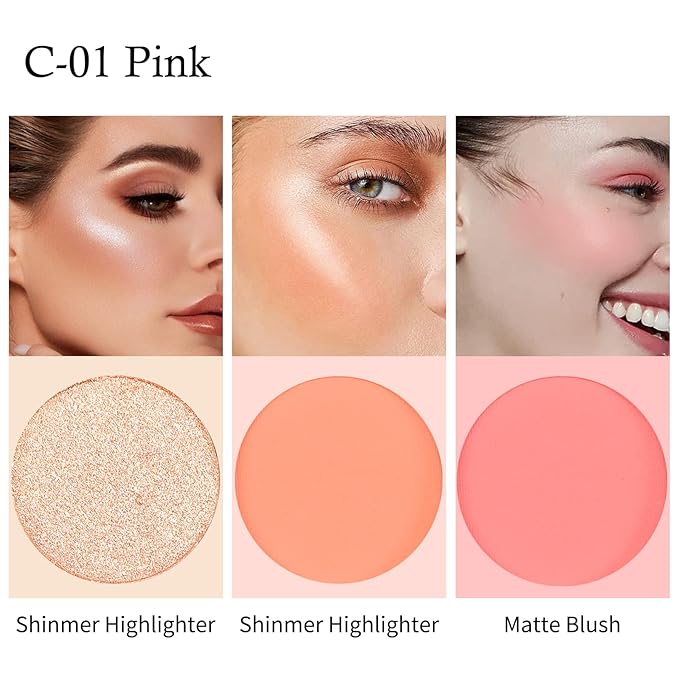 Boobeen Blush and Highlighter Kit, 3 in 1 Makeup Pressed Powder Palette Shimmer Bronzer, Orange&Pink Matte Blusher Blendable Glow Face Palette for a Redness and Glowing Look