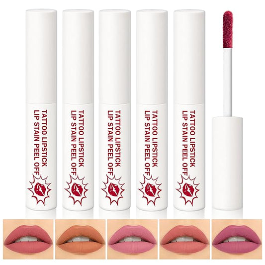AWCCXMYM 5Pcs Lip Stain Peel Off Lip Tint Stain Matte High Pigment Longlasting Lightweight Peelable Lip Liner Stain for Natural Gloss All Day