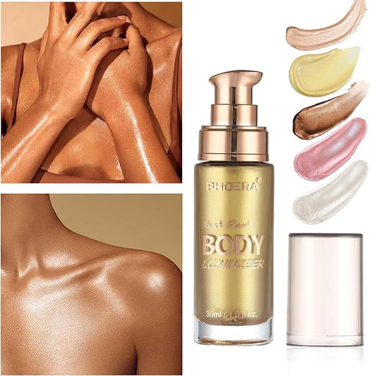 Shimmer Oil, Waterproof Long Lasting Moisturizing Bronze Body Luminizer Glow for Face & Body, Liquid Illuminator Highlighter 1oz/Jars, Makeup Brush Included (Metallic Gold #02)