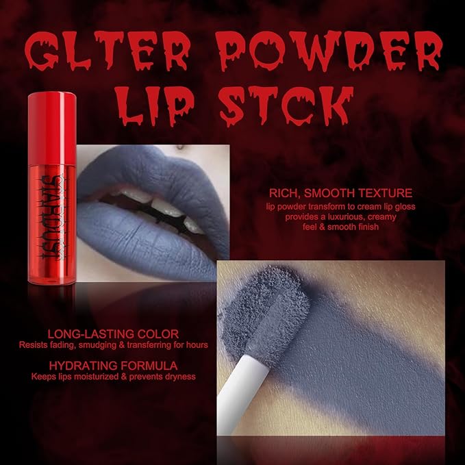 Halloween Fake Blood Makeup Kit Black Eyeshadow Grey Blue Lipstick Red French Press On Nails Realistic Vampire Blood for Eyes Mouth Nose Face Teeth Body Zombie SFX Cosplay Dress Up Accessories