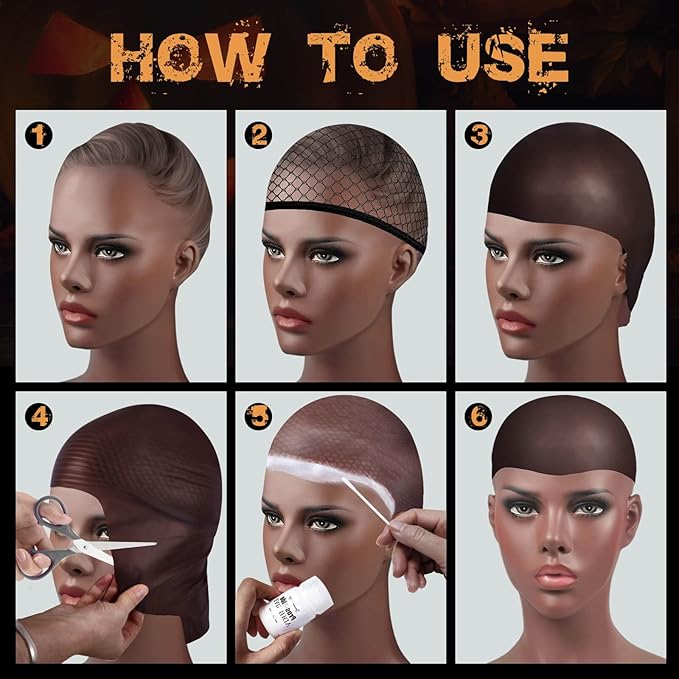 Dark Brown Bald Cap SFX Makeup Kit,Black Wig Cap with Professional Skin Water-Based Acrylic Adhesive(Bonding Glue) for Deep Skin Tones Men,Ideal for Halloween Costumes, Cosplay