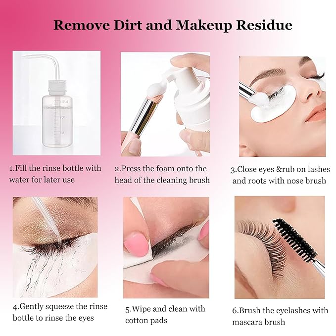 Lash Shampoo for Lash Extensions Eyelash Extension Cleanser with USB Lash Fan,60ml Lash Mousse,Mascara Brush,Nose Blackhead Facial Cleaning Brush and Wash Bottle for Eye Makeup Remover (Rose)