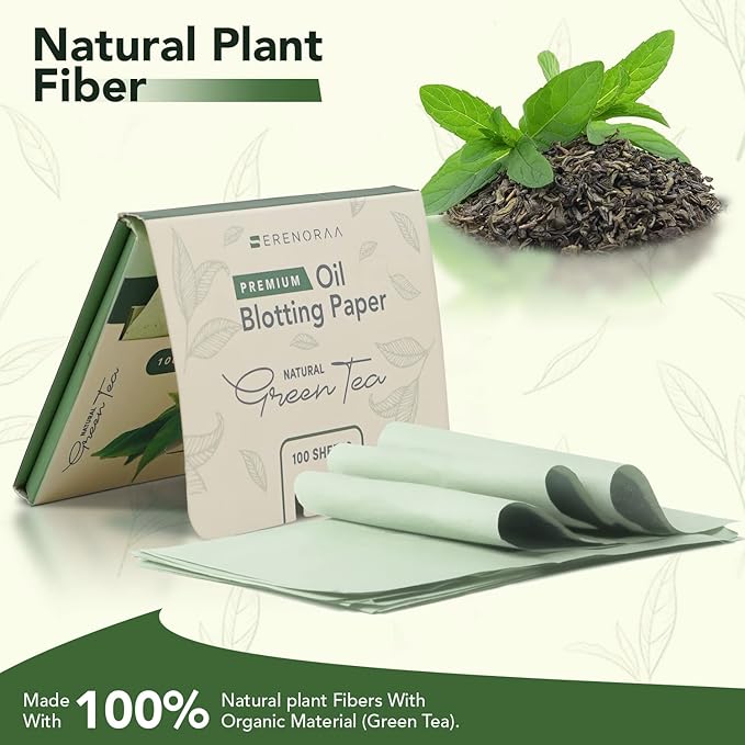 Premium Natural Green Tea Oil Blotting Sheets for Face - 1x100 Sheets with Extra Large 5x3" Thick Blotting Paper for Oily Skin - Dispensable Portable Pack - Reduce Skin Acne - Makeup Friendly