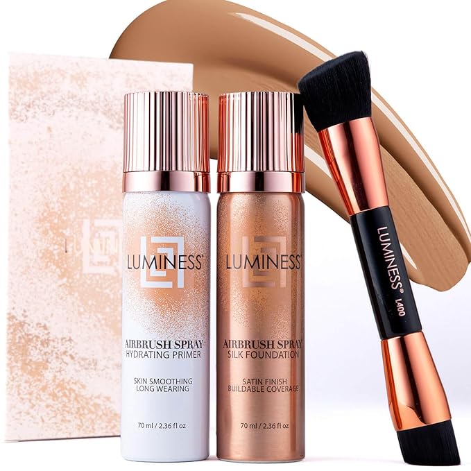LUMINESS Airbrush Spray Silk Foundation Starter Kit - Warm Dark - Foundation, Primer & Dual-Sided Angled Buffing Brush - Medium, Buildable Coverage, Anti-Aging Formula Hydrates & Moisturizes