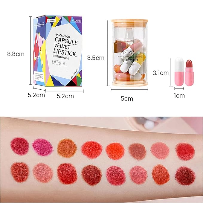 16 Color Mini Capsule Lipstick Set Mini Matte Lipstick Velvet Lipstick Set Nonstick Cup Easy To Color Long-lasting Waterproof Swab Lipstick Makeup Gift Set