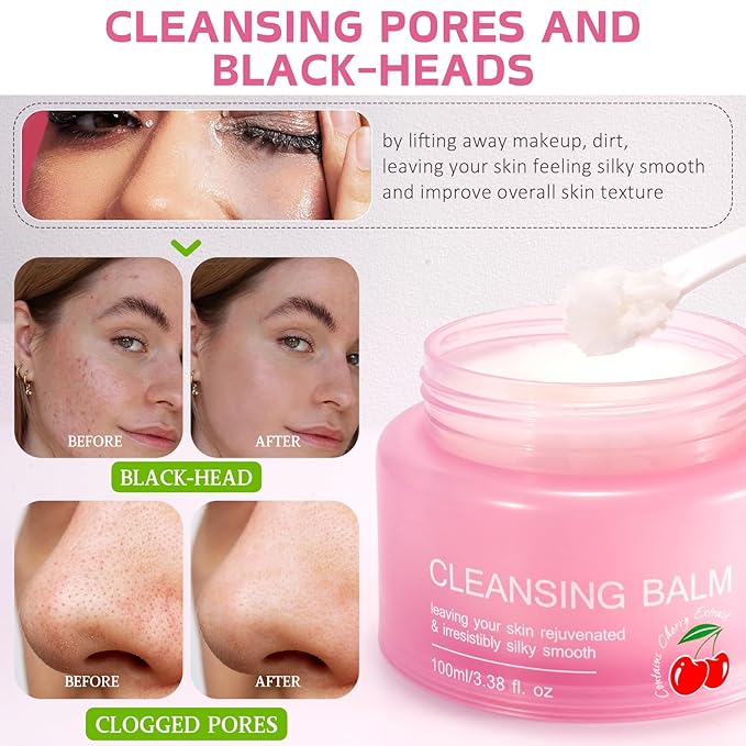Makeup Cleansing Balm,Cherry Scented - Make up Remover Balm - Gentle Face Cleanser for Women - Deep Cleansing Facial Cleanser - Moisturizing Makeup Melting Bal m for All Skin