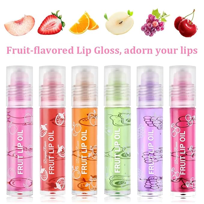 6PCS Roll-On Lip Oil Set,Fruit Flavored Lip Gloss Set,Long Lasting Moisturizing Lip Balm,Transparent Lip Gloss Glossy Lip Make-up for All Age,Non Toxic,Kids Friendly,Best Gift