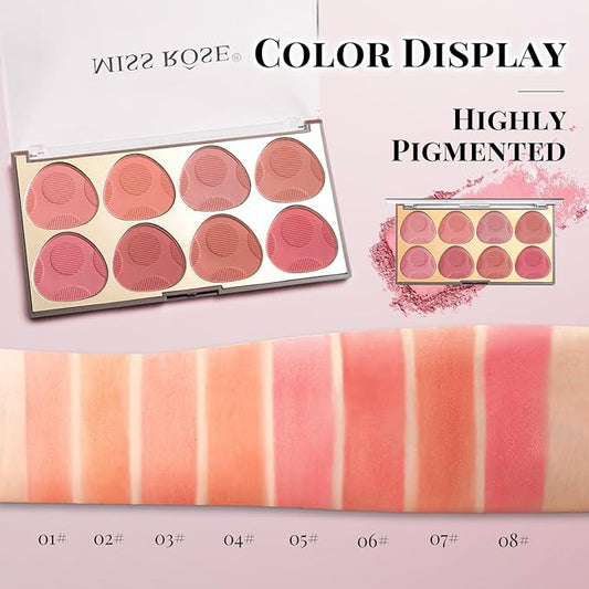 8 Colors Blush Palette, Smooth Blendable Powder Blush, Buildable Facial Cheek Blusher, Matte Blush Palette Makeup For Women, Waterproof Long-lasting Makeup Palette with Brush