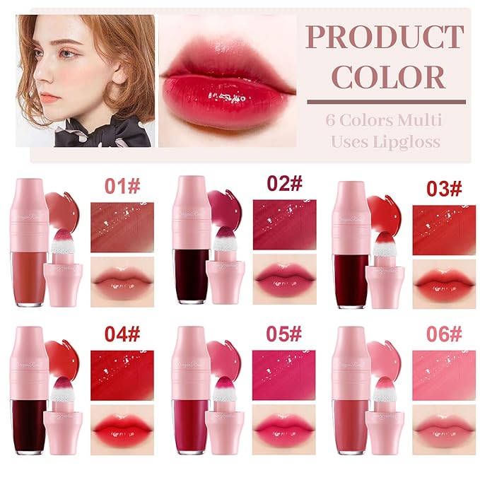 6PCS Shake It Lip Tint Stain Set, Multi-Uses Lip Gloss Lip Eyes Cheek Tint, Non Sticky Long Lasting Smooth Liquid Lipstick Eyeshadow Blush Set