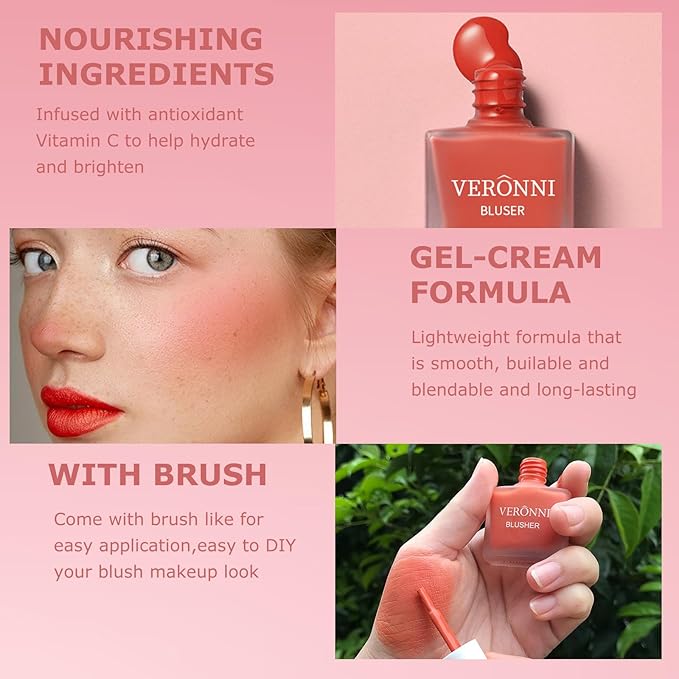 VERONNI Liquid Blush -Fruit Juice Liquid Blusher,Vegan Face Blush Waterproof Long Lasting Blushes,Cruelty-Free for a Shimmery Finish (#404)