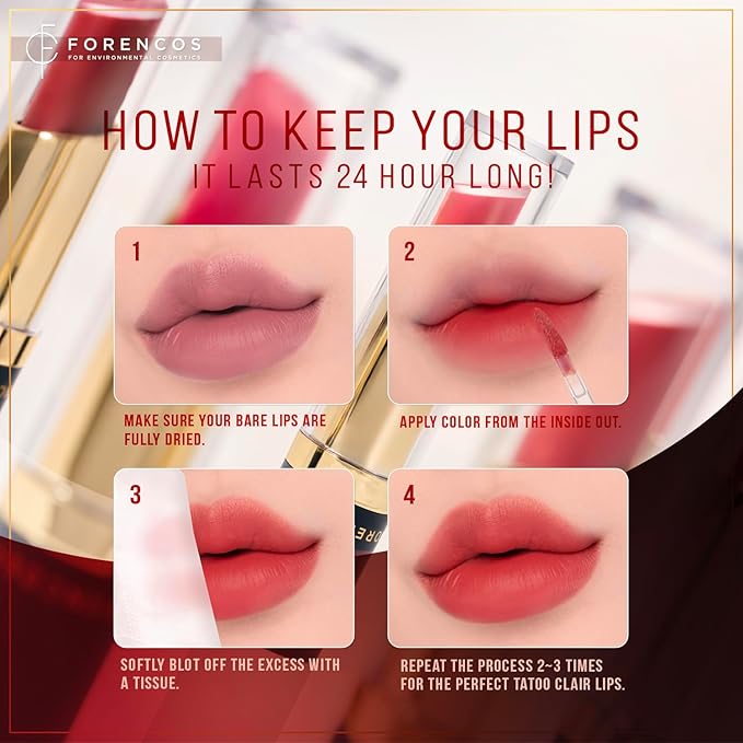 FORENCOS Long Lasting Waterproof Lip Stain Liquid Lipstick, Velvet Matte, Longwear, High Pigmentation, Tattoo Lips, Weightless, Smudge-proof, Non-Sticky, Korean Lip Tint Stain Makeup (27 Lucid)
