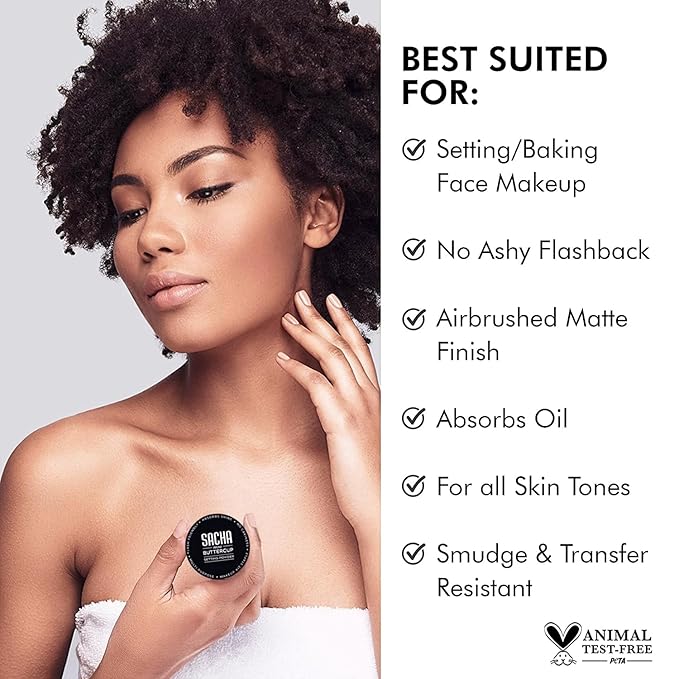 Sacha BUTTERCUP Rosé Mini Setting Powder. No Ashy Flashback. Blurs Fine Lines and Pores. Loose, Translucent Face Powder to Set Makeup Foundation or Concealer. For All Skin Tones, 0.35 oz.