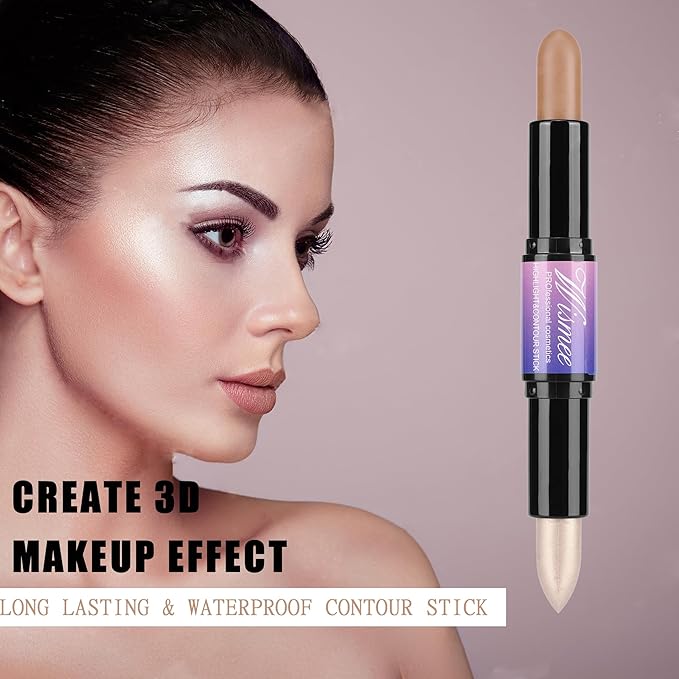 Dual-Ended Highlight & Contour Stick, Shimmer Cream Powder Face Shaping & Contouring Stick, Long Lasting & Waterproof Highlighters Makeup Stick, Blendable and Smooth for Women