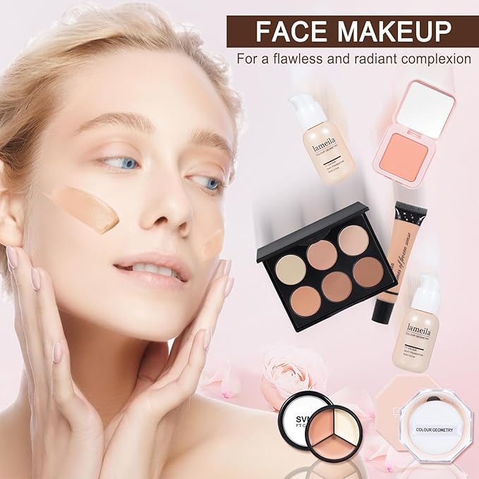 All in One Makeup Kit Makeup Kit for Women Full Kit Multipurpose Makeup ,eyeshadow、 liquid foundation,Loose powder,Eyebrow pencil,4-color lip gloss set